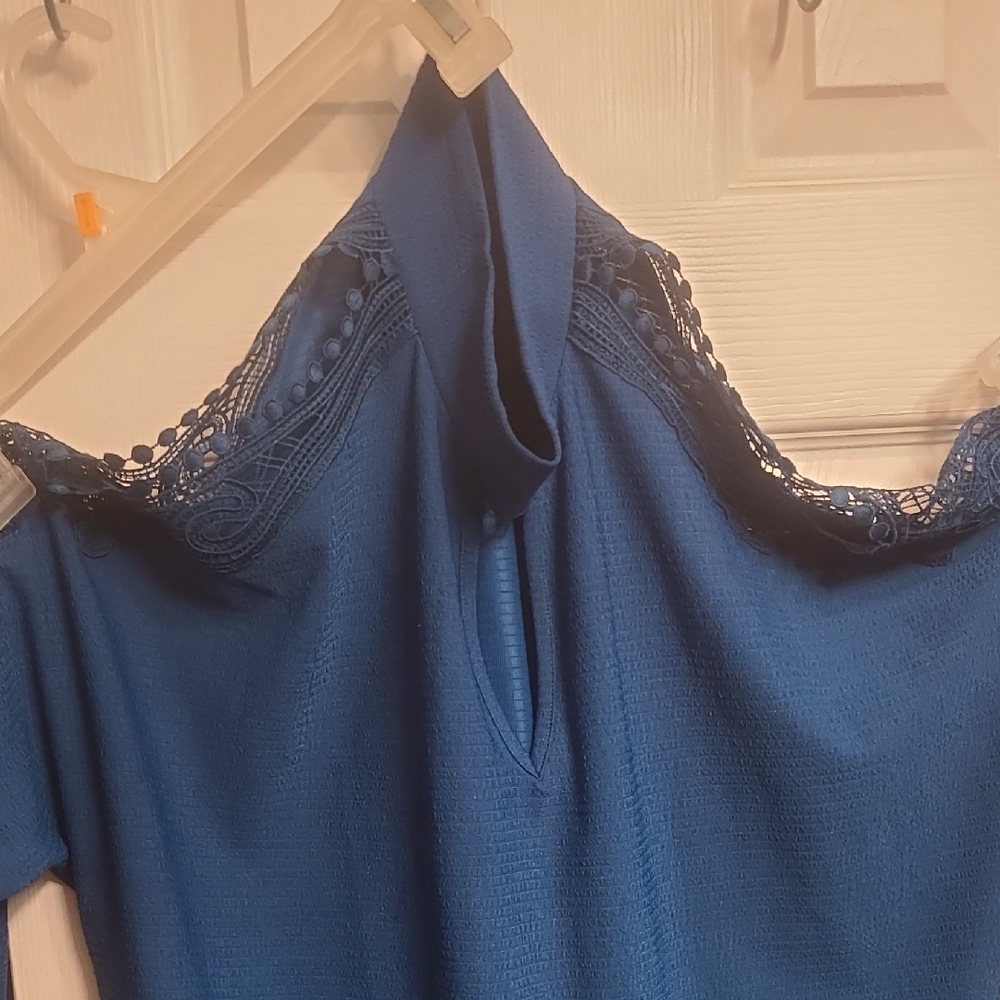 Elegant Blue Lace Trim Blouse